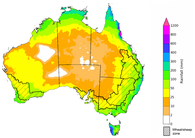 Map showing the rainfall totals that have a 75% chance of occurring during the next three months in Australia. Image provided by the Bureau of Meteorology. Please refer to accompanying text for a more detailed description.