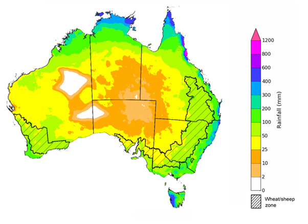 Map showing the rainfall totals that have a 75% chance of occurring during the next three months in Australia. Image provided by the Bureau of Meteorology. Please refer to accompanying text for a more detailed description