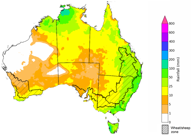 Map showing the rainfall totals that have a 75% chance of occurring during the next month in Australia. Image provided by the Bureau of Meteorology. Please refer to accompanying text for a more detailed description. For further information, go to http://www.bom.gov.au/climate/ahead/about/