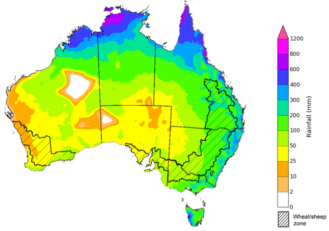 Map showing the rainfall totals that have a 75% chance of occurring during the next three months in Australia. Image provided by the Bureau of Meteorology. Please refer to accompanying text for a more detailed description.