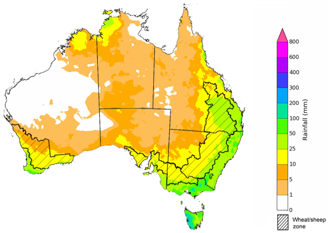 Map showing the rainfall totals that have a 75% chance of occurring during the next month in Australia. Image provided by the Bureau of Meteorology. Please refer to accompanying text for a more detailed description. For further information, go to http://www.bom.gov.au/climate/ahead/about/ 