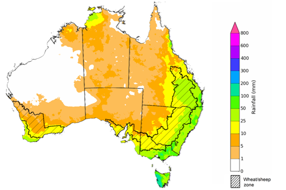 Map showing the rainfall totals that have a 75% chance of occurring during the next month in Australia. Image provided by the Bureau of Meteorology. Please refer to accompanying text for a more detailed description. For further information, go to http://www.bom.gov.au/climate/ahead/about/.