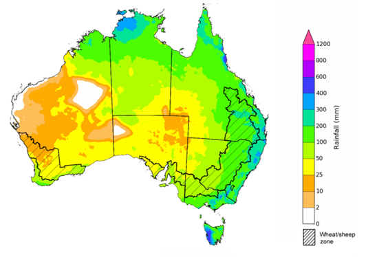 Map showing the rainfall totals that have a 75% chance of occurring during the next three months in Australia. Image provided by the Bureau of Meteorology. Please refer to accompanying text for a more detailed description.