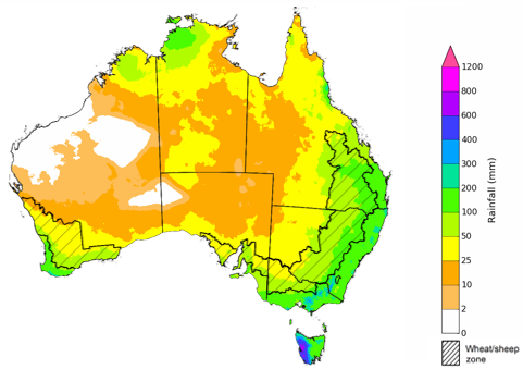 Map showing the rainfall totals that have a 75% chance of occurring during the next three months in Australia. Image provided by the Bureau of Meteorology. Please refer to accompanying text for a more detailed description.