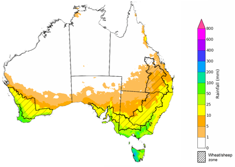 Map showing the rainfall totals that have a 75% chance of occurring during the next month in Australia. Image provided by the Bureau of Meteorology. Please refer to accompanying text for a more detailed description. For further information, go to http://www.bom.gov.au/climate/ahead/about/