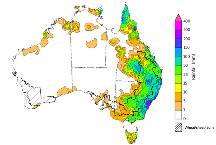 Map showing weekly rainfall totals in Australia. Image provided by the Bureau of Meteorology. Please refer to accompanying text for a more detailed description.