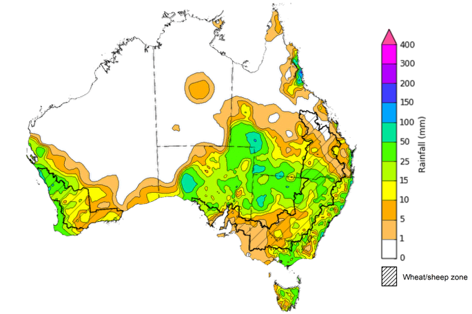 Map showing weekly rainfall totals in Australia. Image provided by the Bureau of Meteorology. Please refer to accompanying text for a more detailed description.