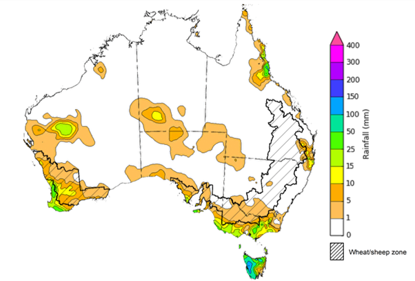 Map showing weekly rainfall totals in Australia. Image provided by the Bureau of Meteorology. Please refer to accompanying text for a more detailed description.