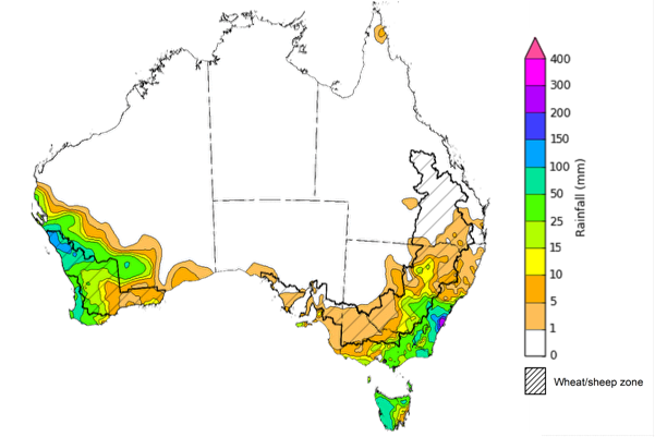 Map showing weekly rainfall totals in Australia. Image provided by the Bureau of Meteorology. Please refer to accompanying text for a more detailed description. 