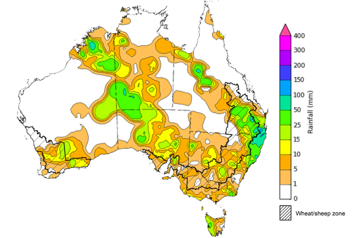 Map showing weekly rainfall totals in Australia. Image provided by the Bureau of Meteorology. Please refer to accompanying text for a more detailed description.