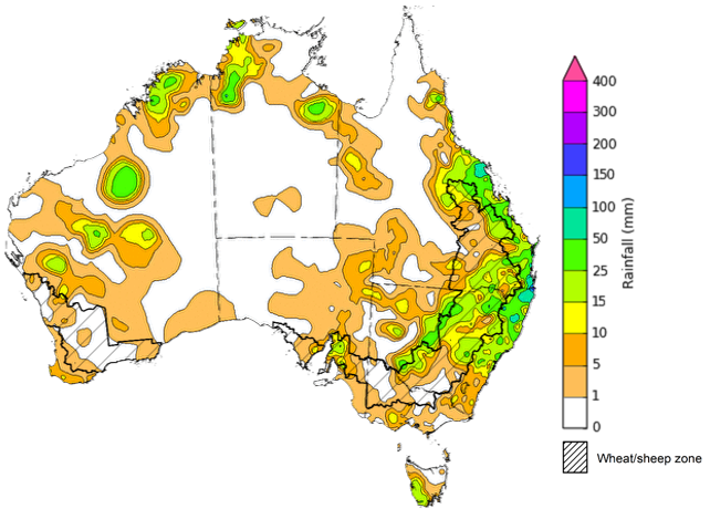 Map showing weekly rainfall totals in Australia. Image provided by the Bureau of Meteorology. Please refer to accompanying text for a more detailed description.