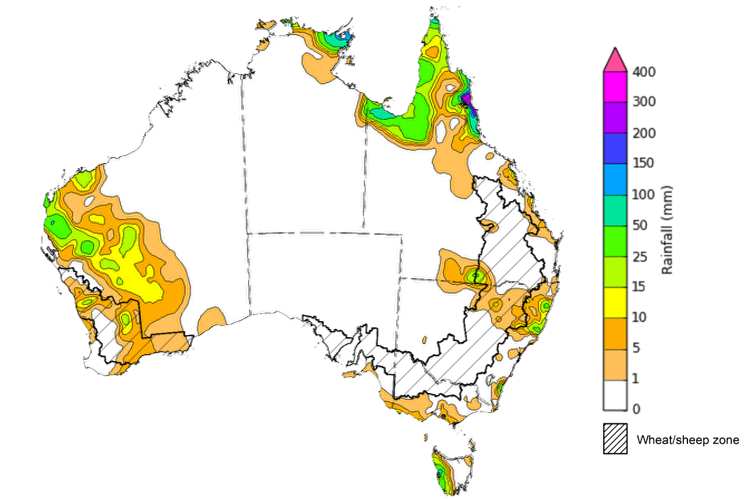 Map showing weekly rainfall totals in Australia. Image provided by the Bureau of Meteorology. Please refer to accompanying text for a more detailed description.