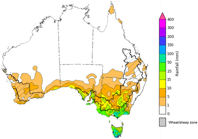 Map showing weekly rainfall totals in Australia. Image provided by the Bureau of Meteorology. Please refer to accompanying text for a more detailed description.