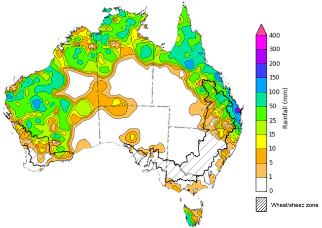 Map showing weekly rainfall totals in Australia. Image provided by the Bureau of Meteorology. Please refer to accompanying text for a more detailed description.