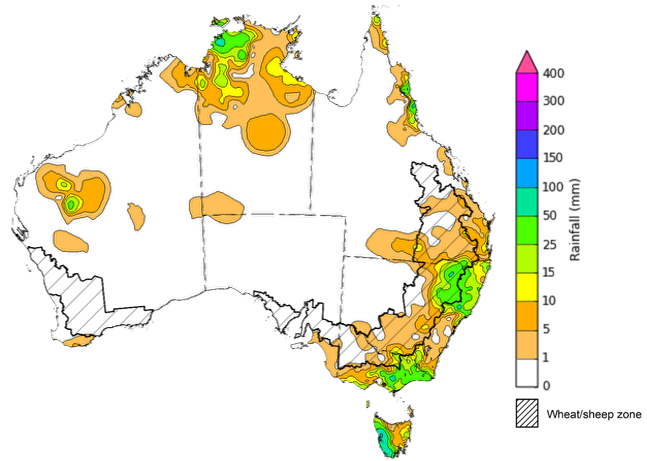 Map showing weekly rainfall totals in Australia. Image provided by the Bureau of Meteorology. Please refer to accompanying text for a more detailed description.