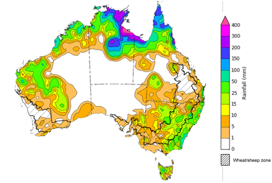 Map showing weekly rainfall totals in Australia. Image provided by the Bureau of Meteorology. Please refer to accompanying text for a more detailed description