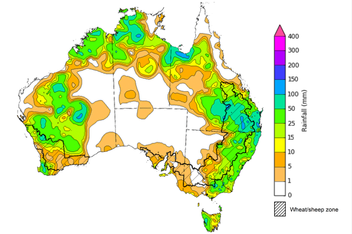 Map showing weekly rainfall totals in Australia. Image provided by the Bureau of Meteorology. Please refer to accompanying text for a more detailed description.