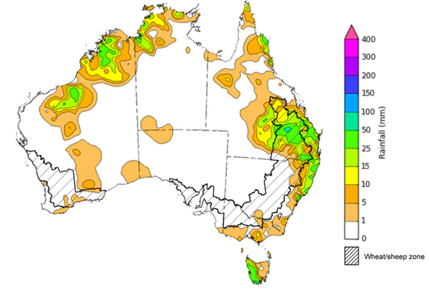 Map showing weekly rainfall totals in Australia. Image provided by the Bureau of Meteorology. Please refer to accompanying text for a more detailed description.