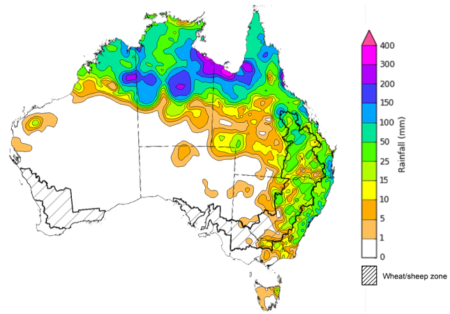 Map showing weekly rainfall totals in Australia. Image provided by the Bureau of Meteorology. Please refer to accompanying text for a more detailed description.