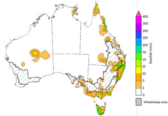 Map showing weekly rainfall totals in Australia. Image provided by the Bureau of Meteorology. Please refer to accompanying text for a more detailed description