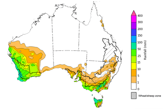 Map showing weekly rainfall totals in Australia. Image provided by the Bureau of Meteorology. Please refer to accompanying text for a more detailed description.