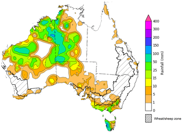 Map showing weekly rainfall totals in Australia. Image provided by the Bureau of Meteorology. Please refer to accompanying text for a more detailed description.