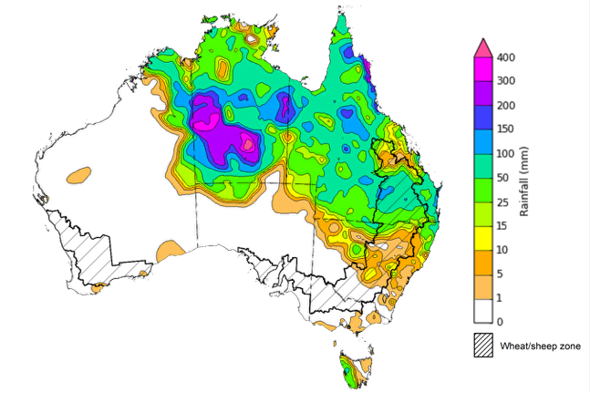 Map showing weekly rainfall totals in Australia. Image provided by the Bureau of Meteorology. Please refer to accompanying text for a more detailed description.