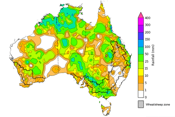 Map showing weekly rainfall totals in Australia. Image provided by the Bureau of Meteorology. Please refer to accompanying text for a more detailed description.