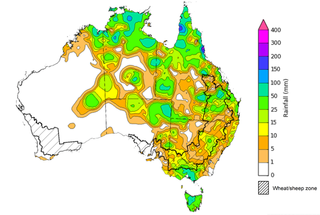 Map showing weekly rainfall totals in Australia. Image provided by the Bureau of Meteorology. Please refer to accompanying text for a more detailed description.