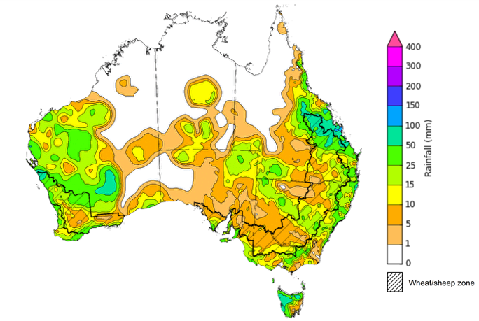 Map showing weekly rainfall totals in Australia. Image provided by the Bureau of Meteorology. Please refer to accompanying text for a more detailed description.