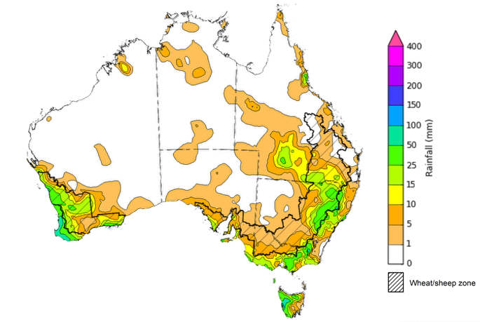 Map showing weekly rainfall totals in Australia. Image provided by the Bureau of Meteorology. Please refer to accompanying text for a more detailed description.