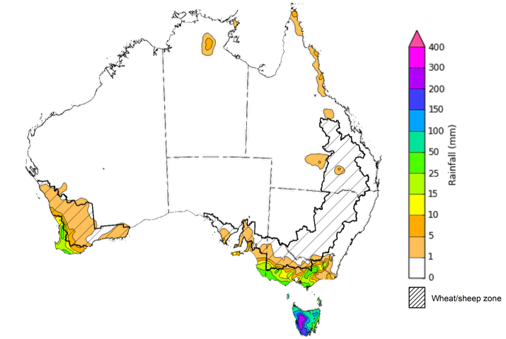 Map showing weekly rainfall totals in Australia. Image provided by the Bureau of Meteorology. Please refer to accompanying text for a more detailed description.