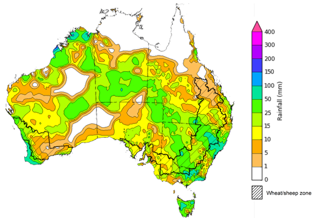 Map showing weekly rainfall totals in Australia. Image provided by the Bureau of Meteorology. Please refer to accompanying text for a more detailed description. 