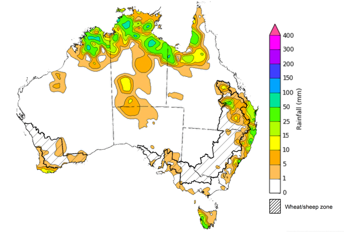 Map showing weekly rainfall totals in Australia. Image provided by the Bureau of Meteorology. Please refer to accompanying text for a more detailed description.