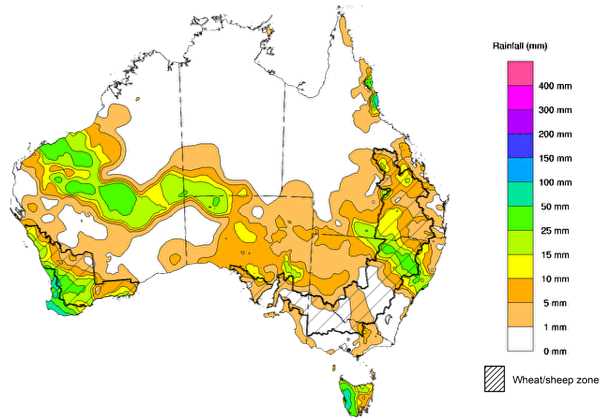 Map showing weekly rainfall totals in Australia. Image provided by the Bureau of Meteorology. Please refer to accompanying text for a more detailed description. 