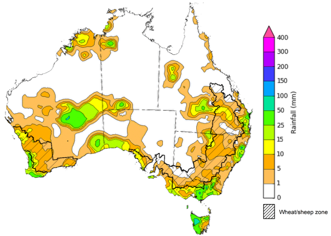 Map showing weekly rainfall totals in Australia. Image provided by the Bureau of Meteorology. Please refer to accompanying text for a more detailed description.