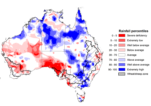 Map showing the rainfall percentiles for the previous month in Australia. Image provided by the Bureau of Meteorology. Please refer to accompanying text for a more detailed description.