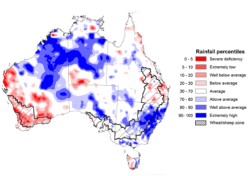 Map showing the rainfall percentiles for December 2020 in Australia. Image provided by the Bureau of Meteorology. Please refer to accompanying text for a more detailed description.