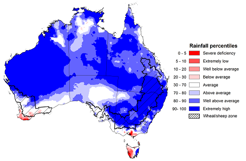 Map showing the rainfall percentiles for the previous month in Australia. Image provided by the Bureau of Meteorology. Please refer to accompanying text for a more detailed description.