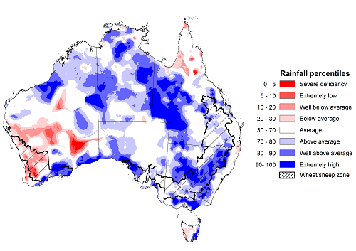 Map showing the rainfall percentiles for the previous month in Australia. Image provided by the Bureau of Meteorology. Please refer to accompanying text for a more detailed description.