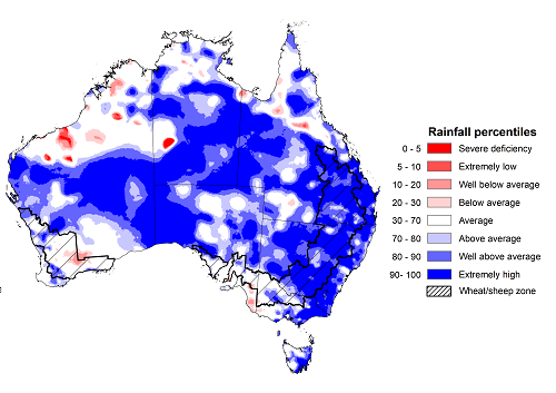 Map showing the rainfall percentiles the previous season in Australia. Image provided by the Bureau of Meteorology. Please refer to accompanying text for a more detailed description.