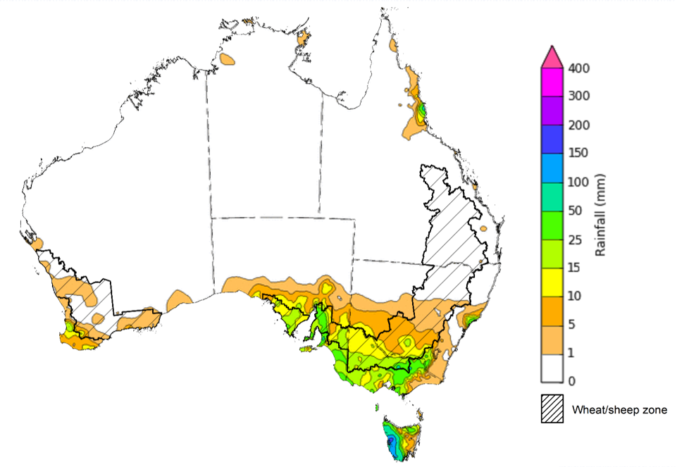 Map showing weekly rainfall totals in Australia. Image provided by the Bureau of Meteorology. Please refer to accompanying text for a more detailed description.