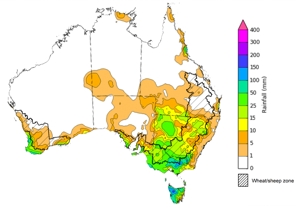 Map showing weekly rainfall totals in Australia. Image provided by the Bureau of Meteorology. Please refer to accompanying text for a more detailed description.