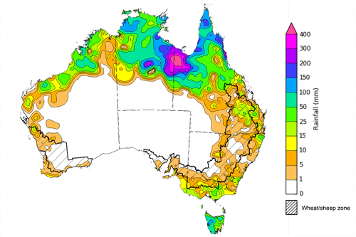 Map showing weekly rainfall totals in Australia. Image provided by the Bureau of Meteorology. Please refer to accompanying text for a more detailed description.