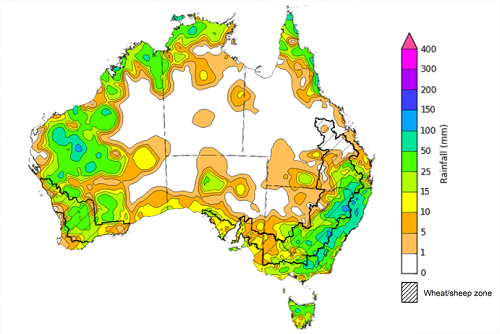 Map showing weekly rainfall totals in Australia. Image provided by the Bureau of Meteorology. Please refer to accompanying text for a more detailed description.