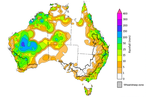 Map showing weekly rainfall totals in Australia. Image provided by the Bureau of Meteorology. Please refer to accompanying text for a more detailed description.