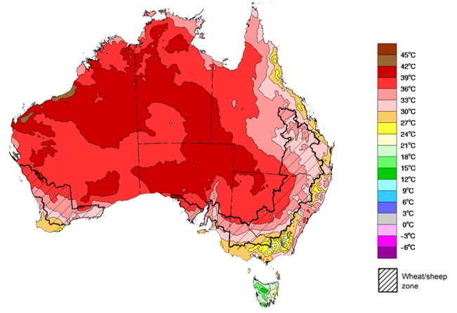 Map showing the Highest daily maximum temperature for the recent week in Australia. Image provided by the Bureau of Meteorology. Please refer to accompanying text for a more detailed description.