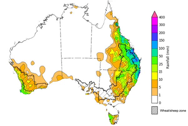 Map showing weekly rainfall totals in Australia. Image provided by the Bureau of Meteorology. Please refer to accompanying text for a more detailed description.