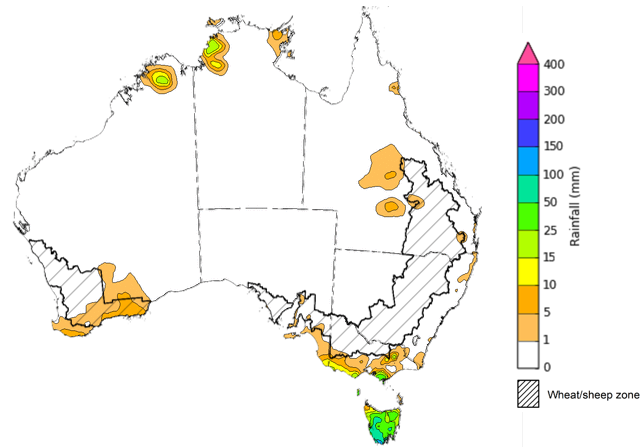 Map showing weekly rainfall totals in Australia. Image provided by the Bureau of Meteorology. Please refer to accompanying text for a more detailed description. 