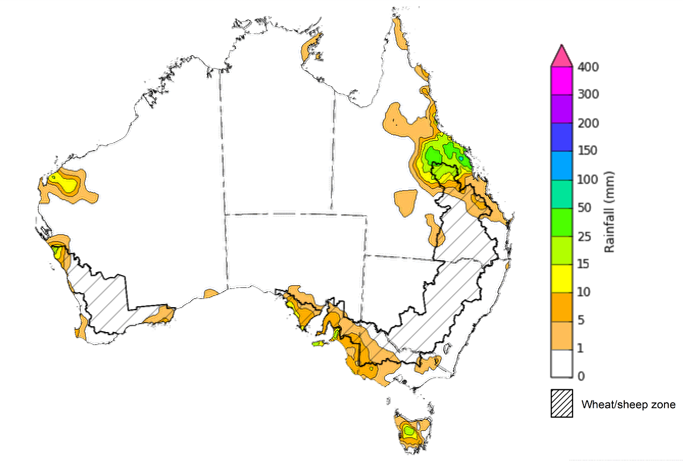 Map showing weekly rainfall totals in Australia. Image provided by the Bureau of Meteorology. Please refer to accompanying text for a more detailed description